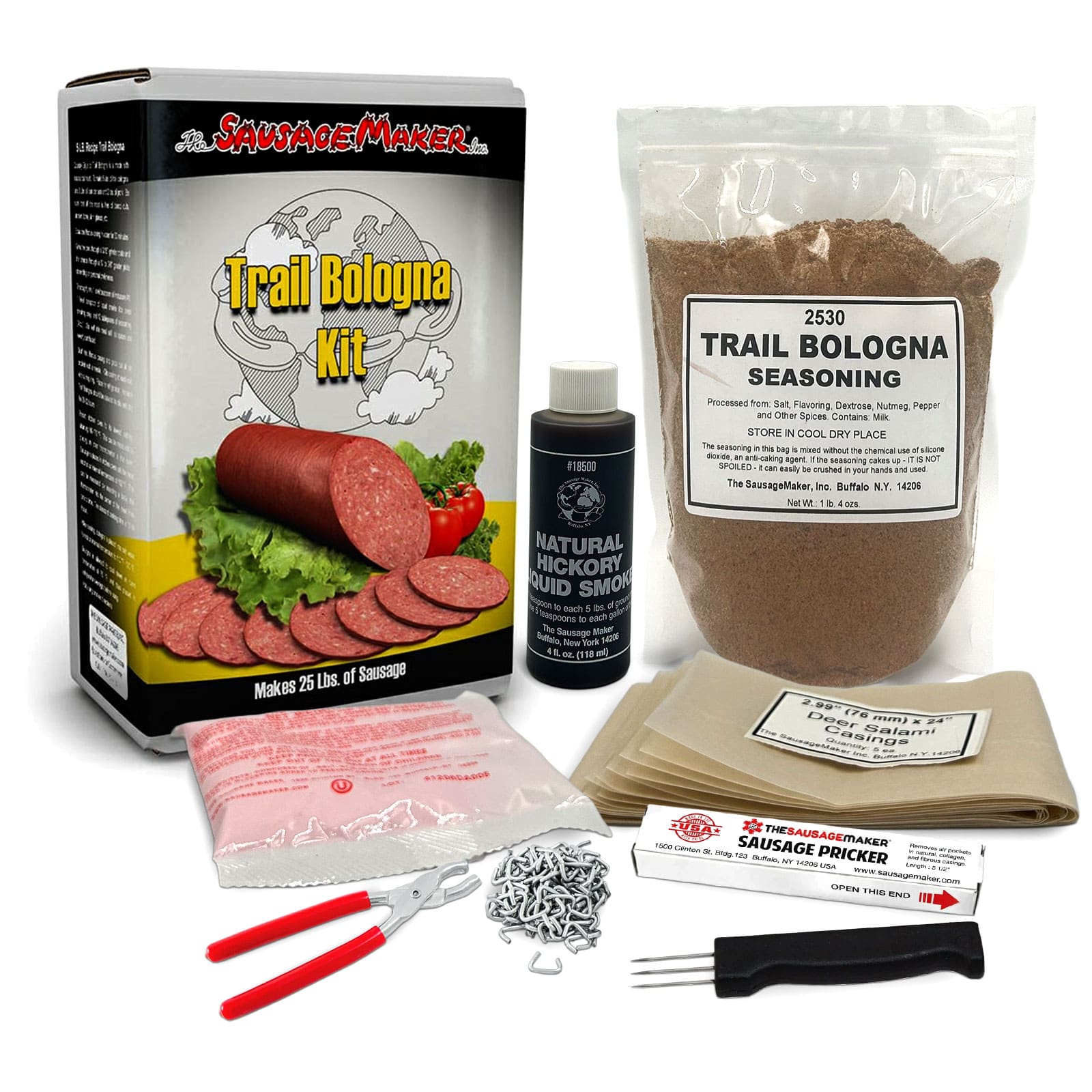 Sausage-making kit with packaging, seasoning, and tools on a white background