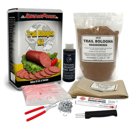 Sausage-making kit with packaging, seasoning, and tools on a white background