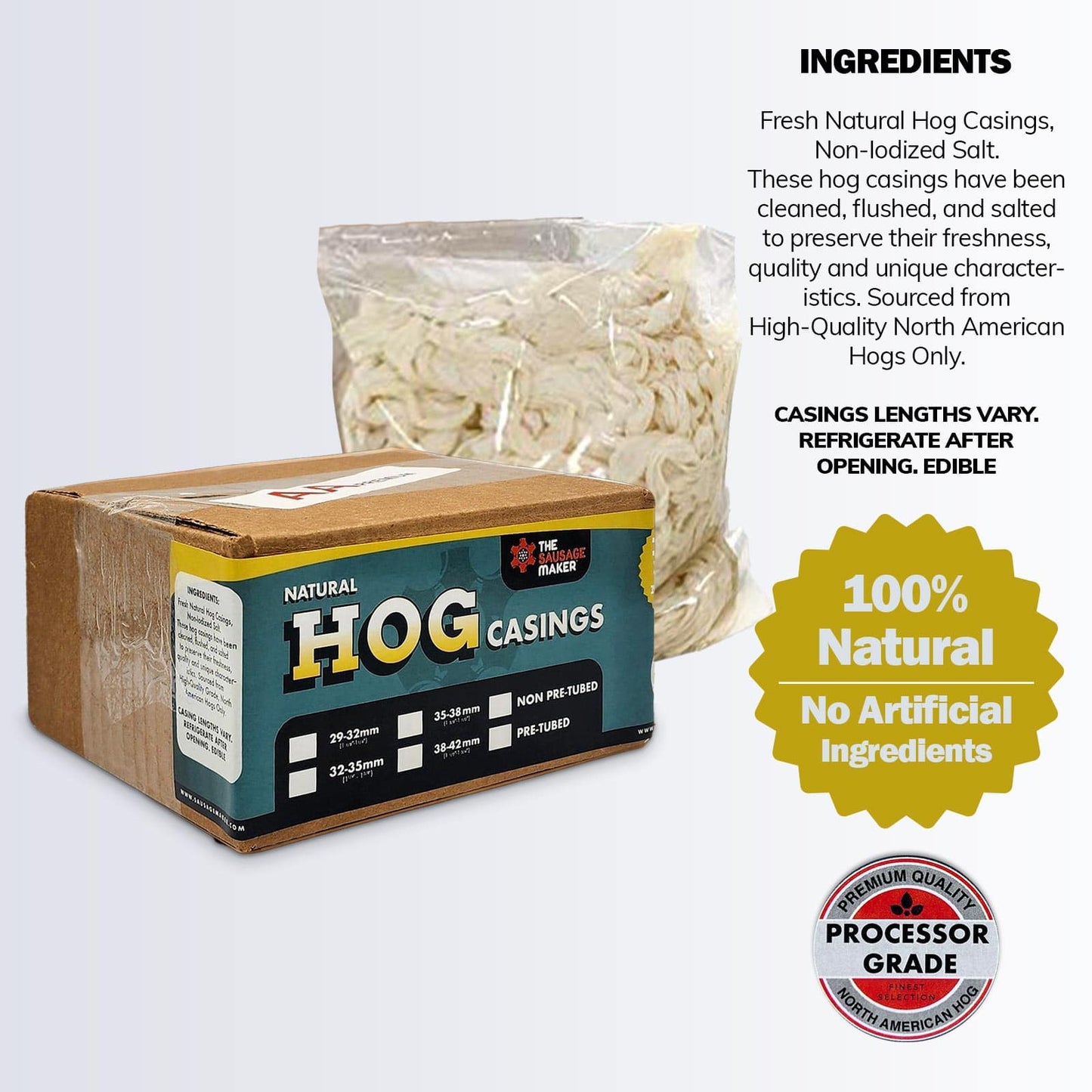 Whole-Hank-Hog-Casing-Main-Img;Whole-Hank-Hog-Casing-Life-Shot;Whole-Hank-Hog-Casing-Inside-Packaging;Whole-Hank-Hog-Casing-Recipe-32-35-mm;Whole-Hank-Hog-Casing-Comparison