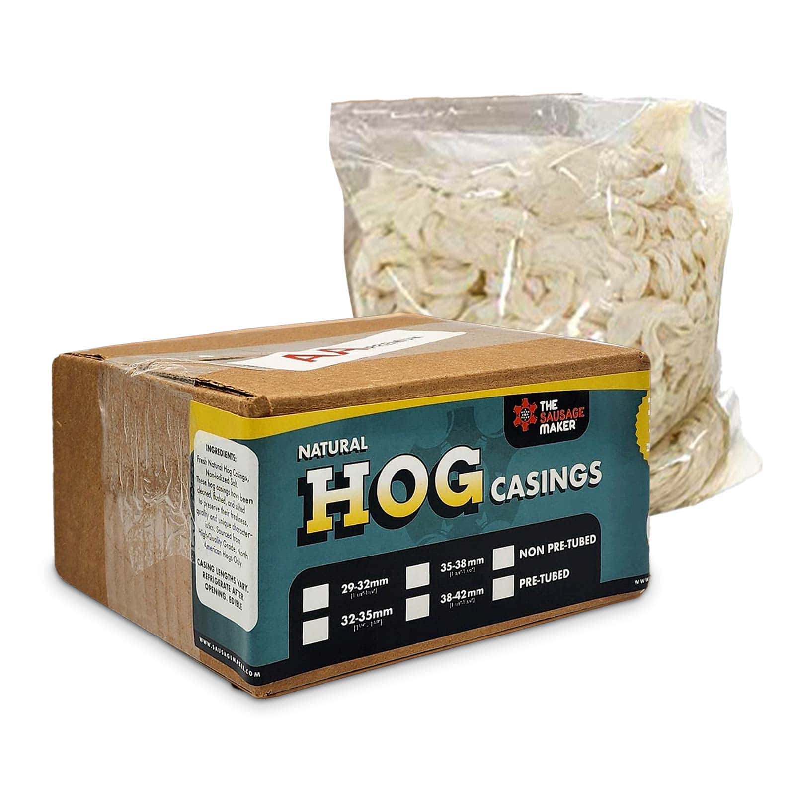Whole-Hank-Hog-Casing-Main-Img;Whole-Hank-Hog-Casing-Life-Shot;Whole-Hank-Hog-Casing-Inside-Packaging;Whole-Hank-Hog-Casing-Recipe-32-35-mm;Whole-Hank-Hog-Casing-Comparison