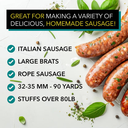 Whole-Hank-Hog-Casing-Main-Img;Whole-Hank-Hog-Casing-Life-Shot;Whole-Hank-Hog-Casing-Inside-Packaging;Whole-Hank-Hog-Casing-Recipe-32-35-mm;Whole-Hank-Hog-Casing-Comparison