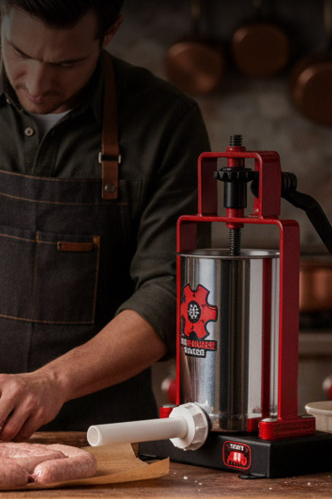 Person using a sausage stuffer machine in a kitchen setting
