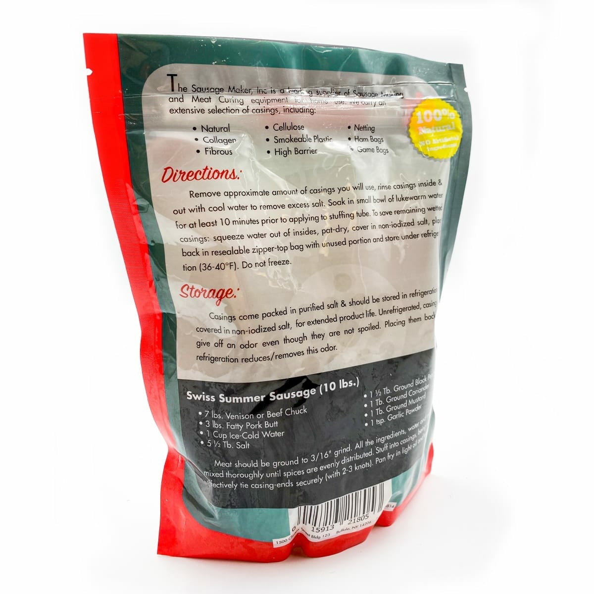 Back side of the natural beef casings home pack on a white background