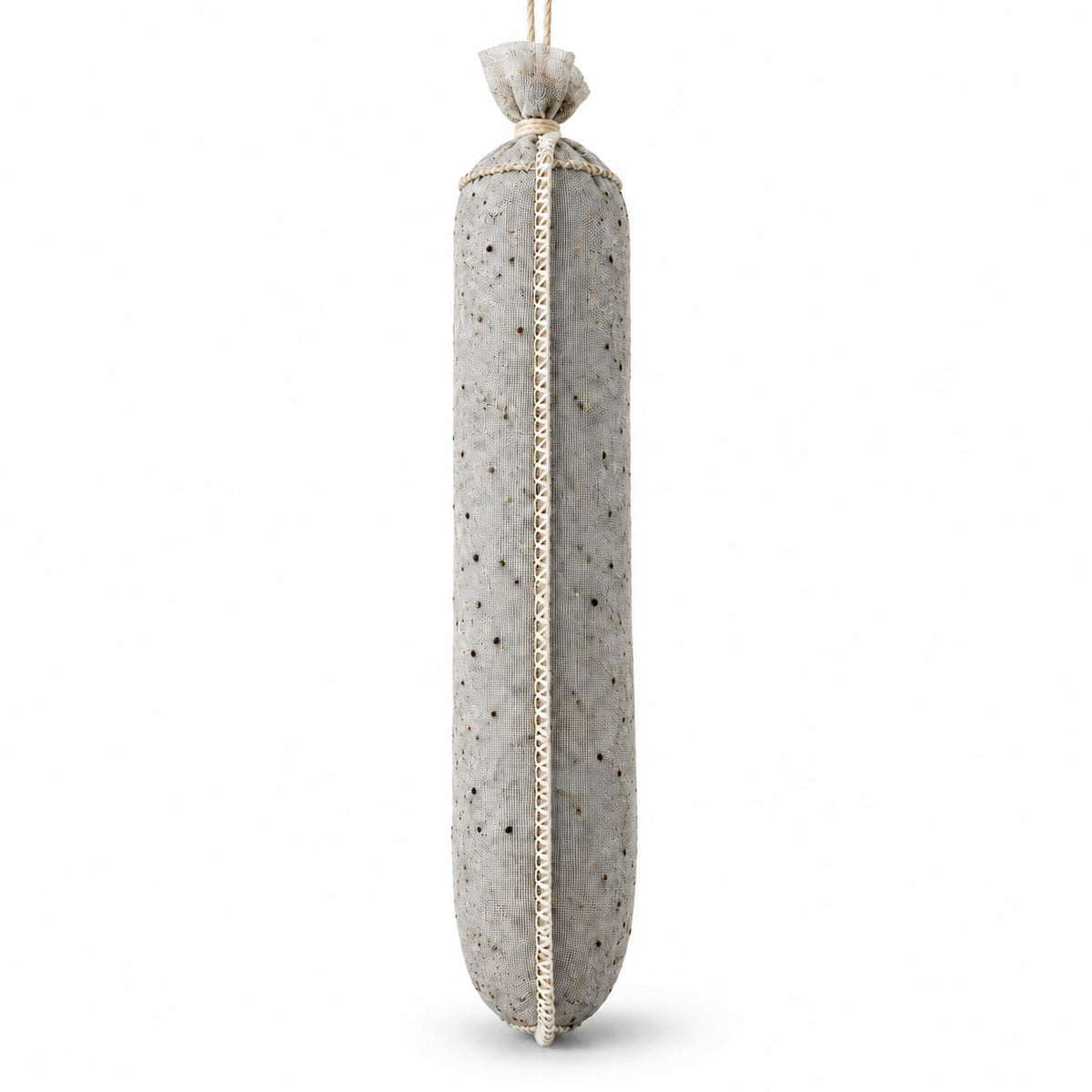 Showing a light gray, stuffed black pepper spice-lined sausage casing hanging on a white background.