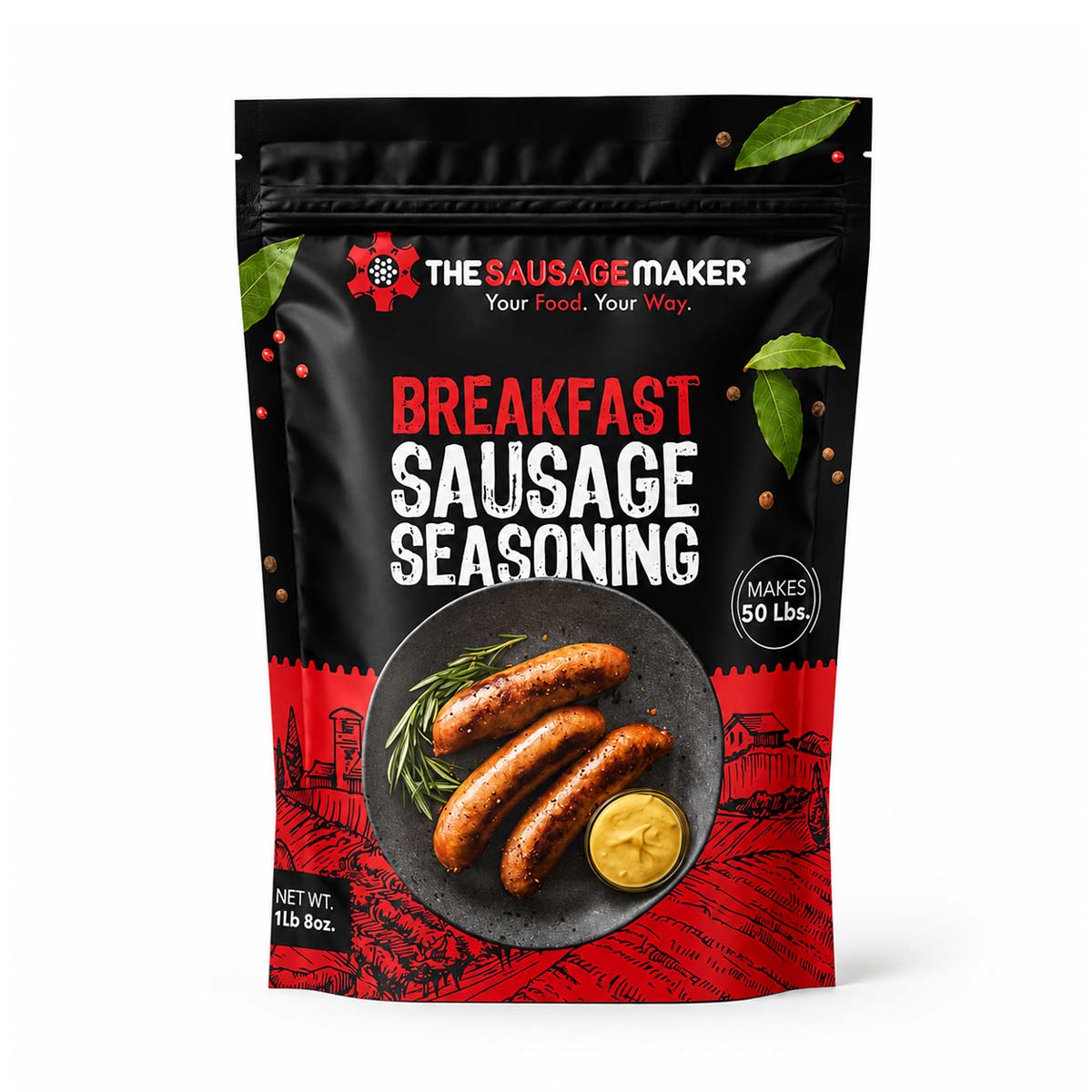 A 1 lb. 8 oz. bag of breakfast sausage seasoning on a white background