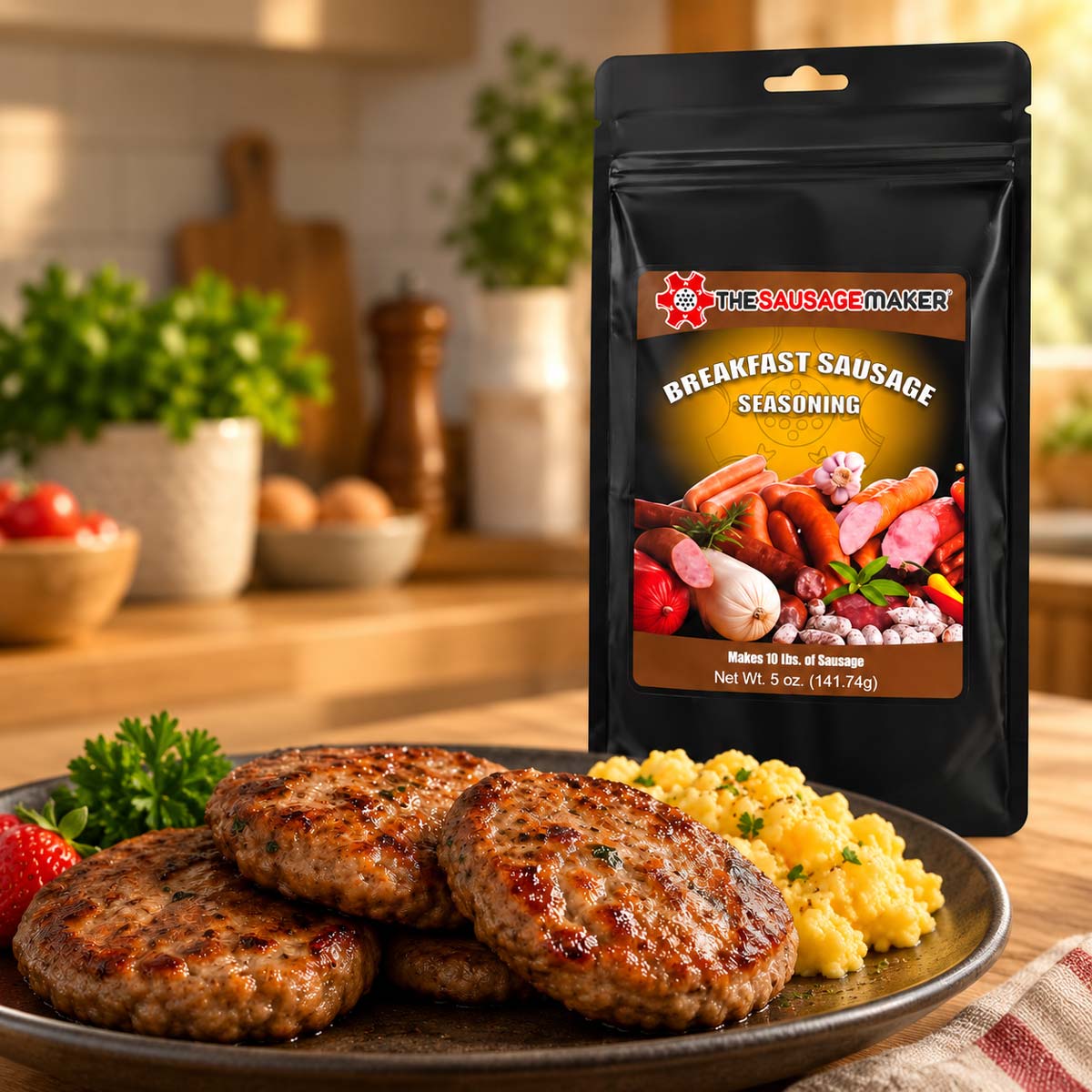 A black stand-up pouch of The Sausage Maker Breakfast Sausage Seasoning stands on a plate with cooked sausage patties and scrambled eggs in a warm kitchen setting.