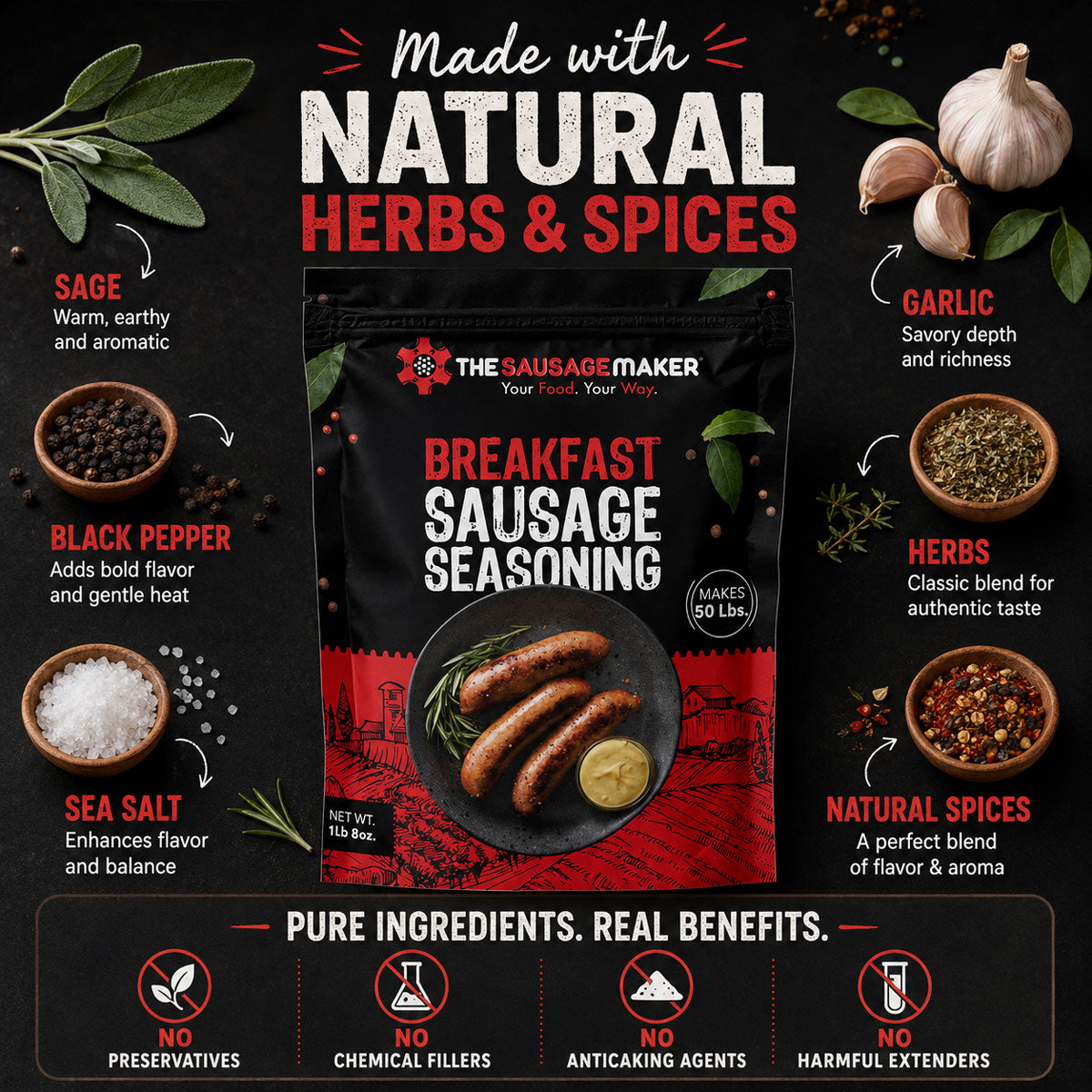 An infographic image showing the natural blend mix in breakfast sausage seasoning