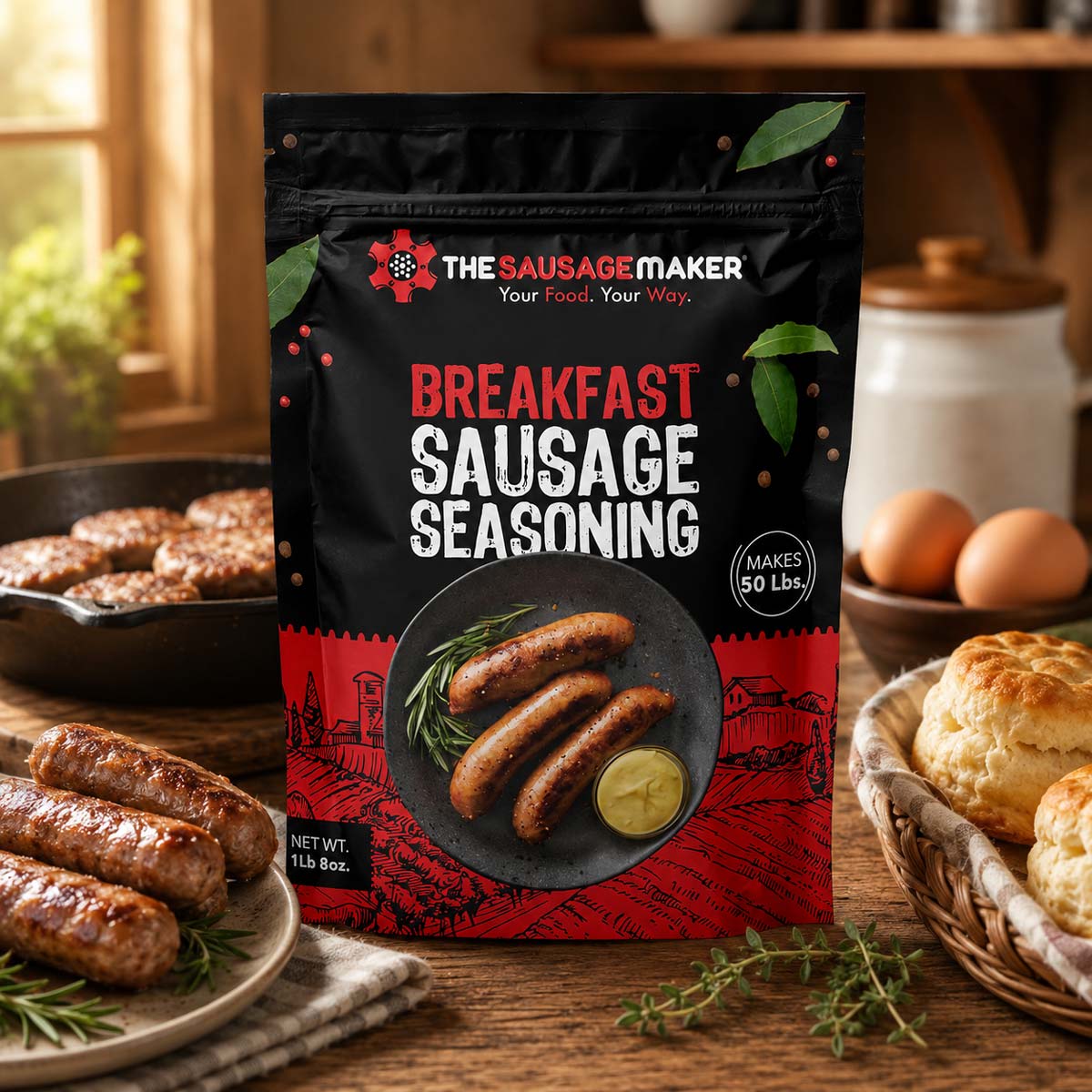 A bag of The Sausage Maker Breakfast Sausage Seasoning stands on a rustic kitchen table, surrounded by cooked sausages, biscuits, eggs, and herbs