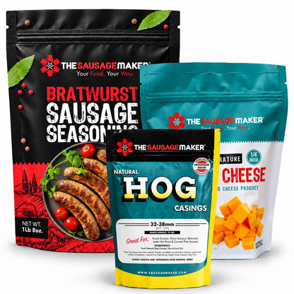 Three packaged food products from The Sausage Maker on a plain white background: a 1.5 lb bag of Bratwurst Sausage Seasoning, a 1 lb bag of High Temp Cheddar Cheese, and a bag of Natural Hog Casings.