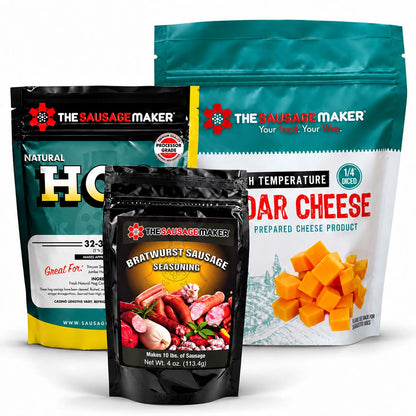 Three packaged food products from The Sausage Maker on a white studio background: a 1 lb bag of Cheddar cheese, a 4 oz bag of hot dog seasoning, and a bag of Natural hog casings in front.