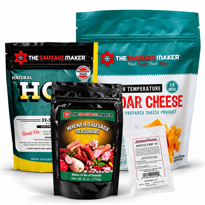 A product bundle from The Sausage Maker on a white background, featuring a 6 oz bag of Wiener Sausage Seasoning, a bag of Natural Hog Casings, a 1 lb bag of Cheddar Cheese, and an Instacure #1 4 oz packet.