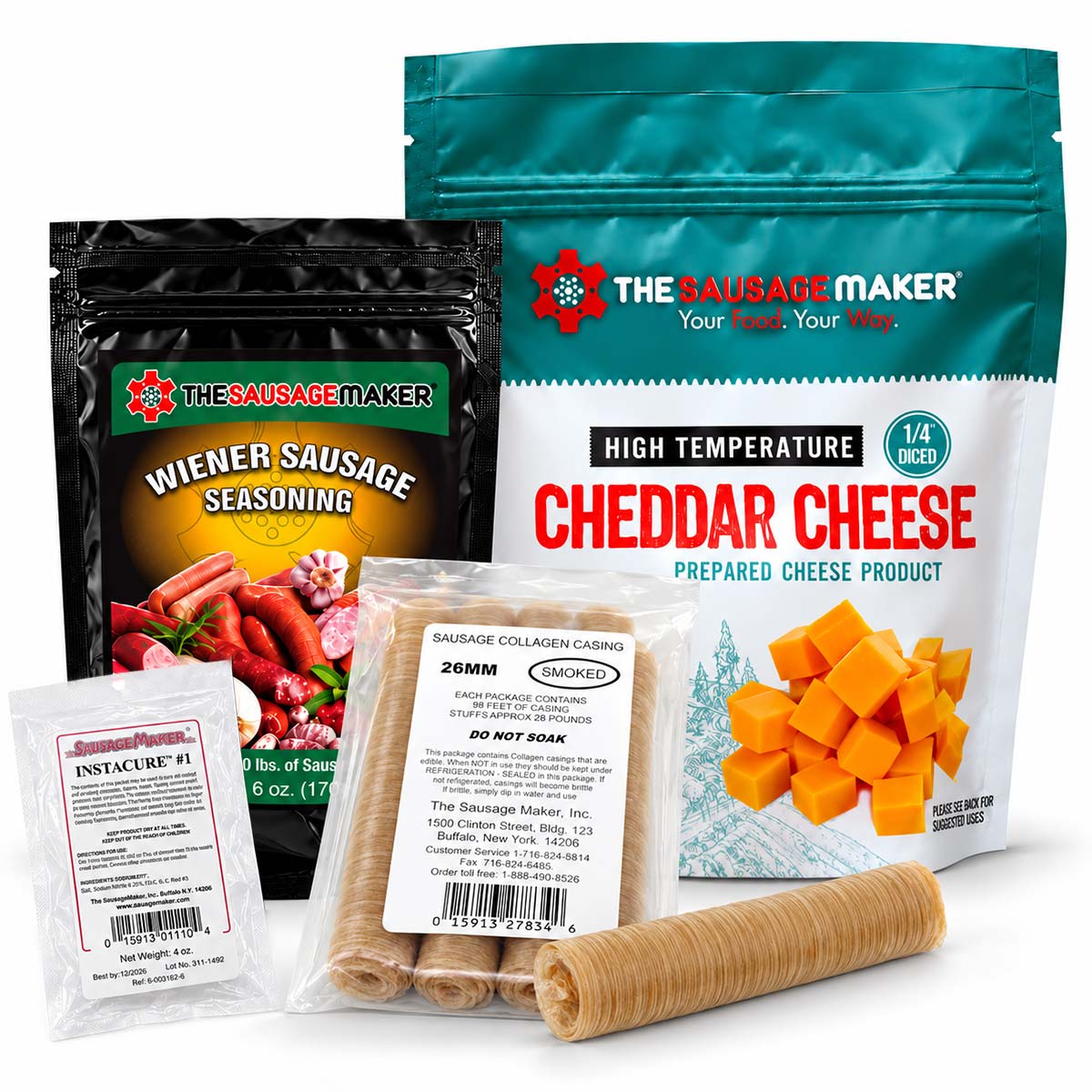 A product bundle from The Sausage Maker, featuring a 1 lb bag of Cheddar Cheese, a 6 oz bag of Wiener Sausage Seasoning, a package of Sausage Collagen Casings, and a 4 oz packet of Instacure-1, on a white background.