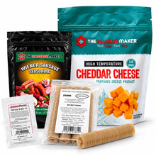 A product bundle from The Sausage Maker, featuring a 1 lb bag of Cheddar Cheese, a 6 oz bag of Wiener Sausage Seasoning, a package of Sausage Collagen Casings, and a 4 oz packet of Instacure-1, on a white background.