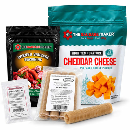 A product bundle from The Sausage Maker, featuring a 1 lb bag of Cheddar Cheese, a 6 oz bag of Wiener Sausage Seasoning, a package of Sausage Collagen Casings, and a 4 oz packet of Instacure-1, on a white background.