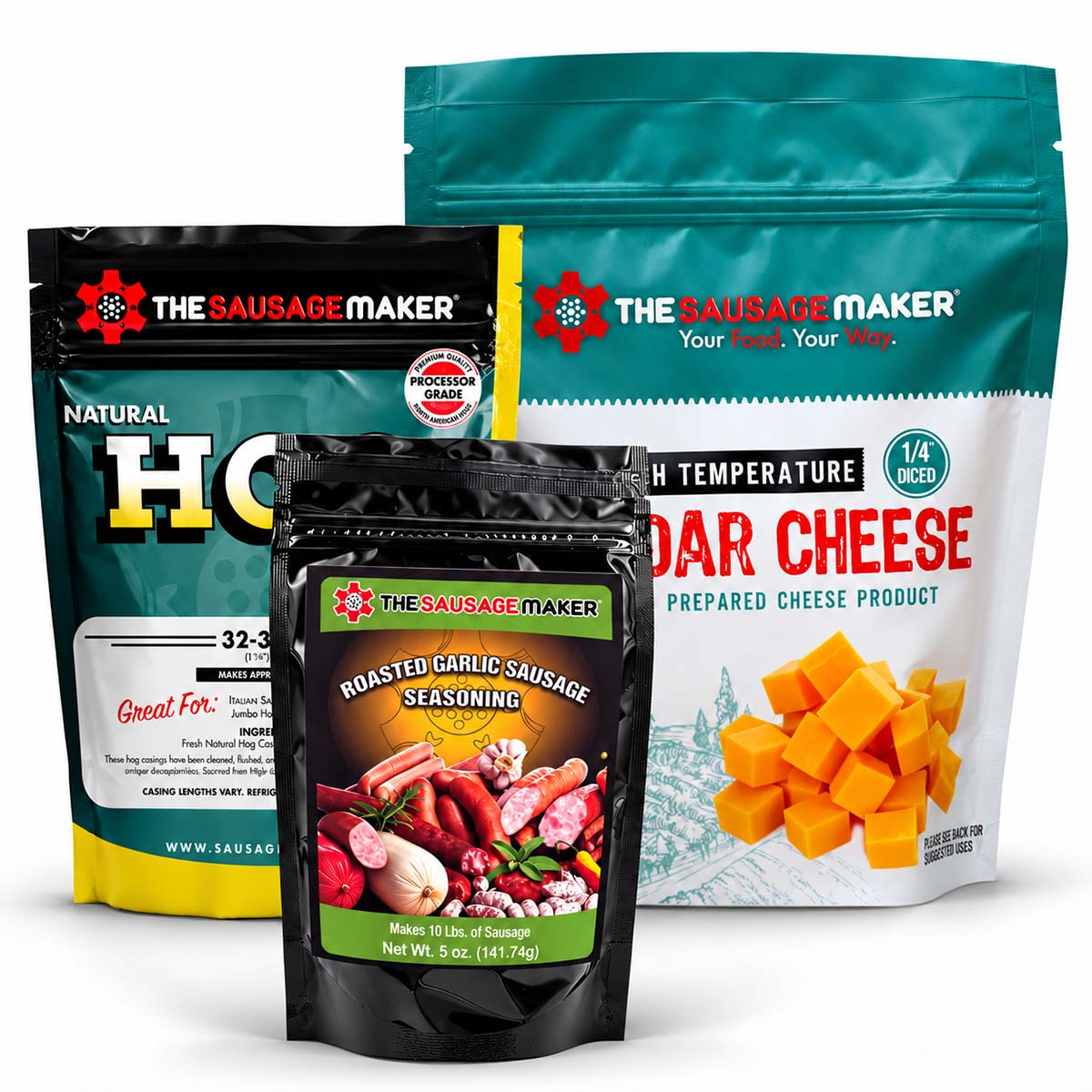 Three packaged food products from The Sausage Maker arranged together on a white background: a large pouch of hog casings, a pouch of roasted garlic sausage seasoning, and a pouch of cheddar cheese.