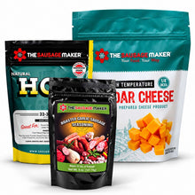 Three packaged food products from The Sausage Maker arranged together on a white background: a large pouch of hog casings, a pouch of roasted garlic sausage seasoning, and a pouch of cheddar cheese.
