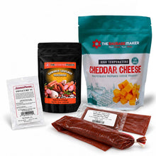 A product bundle from The Sausage Maker, including a large bag of cheddar cheese, a black pouch of summer sausage seasoning, a small white packet of instant cure, and two mahogany pack fibrous casings, arranged on a white background.