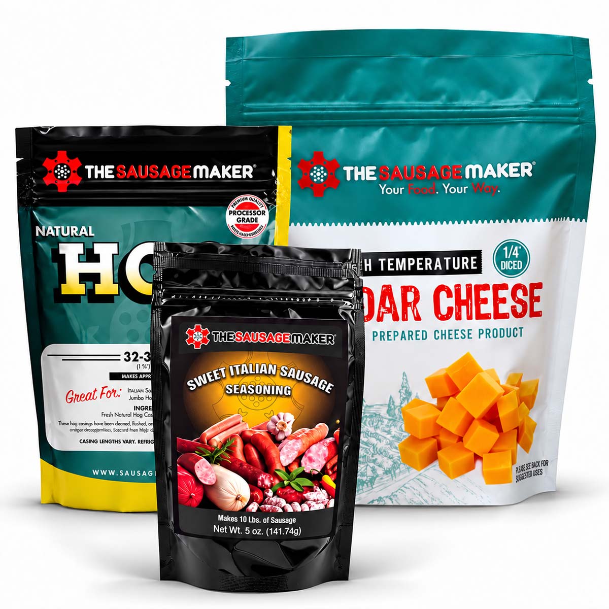 Three packaged food products from The Sausage Maker arranged together on a white studio background: a large black and yellow hot dog seasoning bag, a 1 lb High Temp Cheddar Cheese, and a 5 oz Sweet Italian Seasoning pouch in front.
