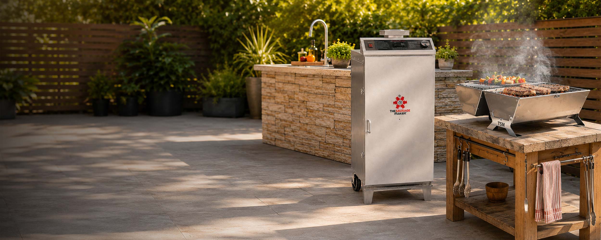 30 lb electric smoker for sausage and portable grill on patio