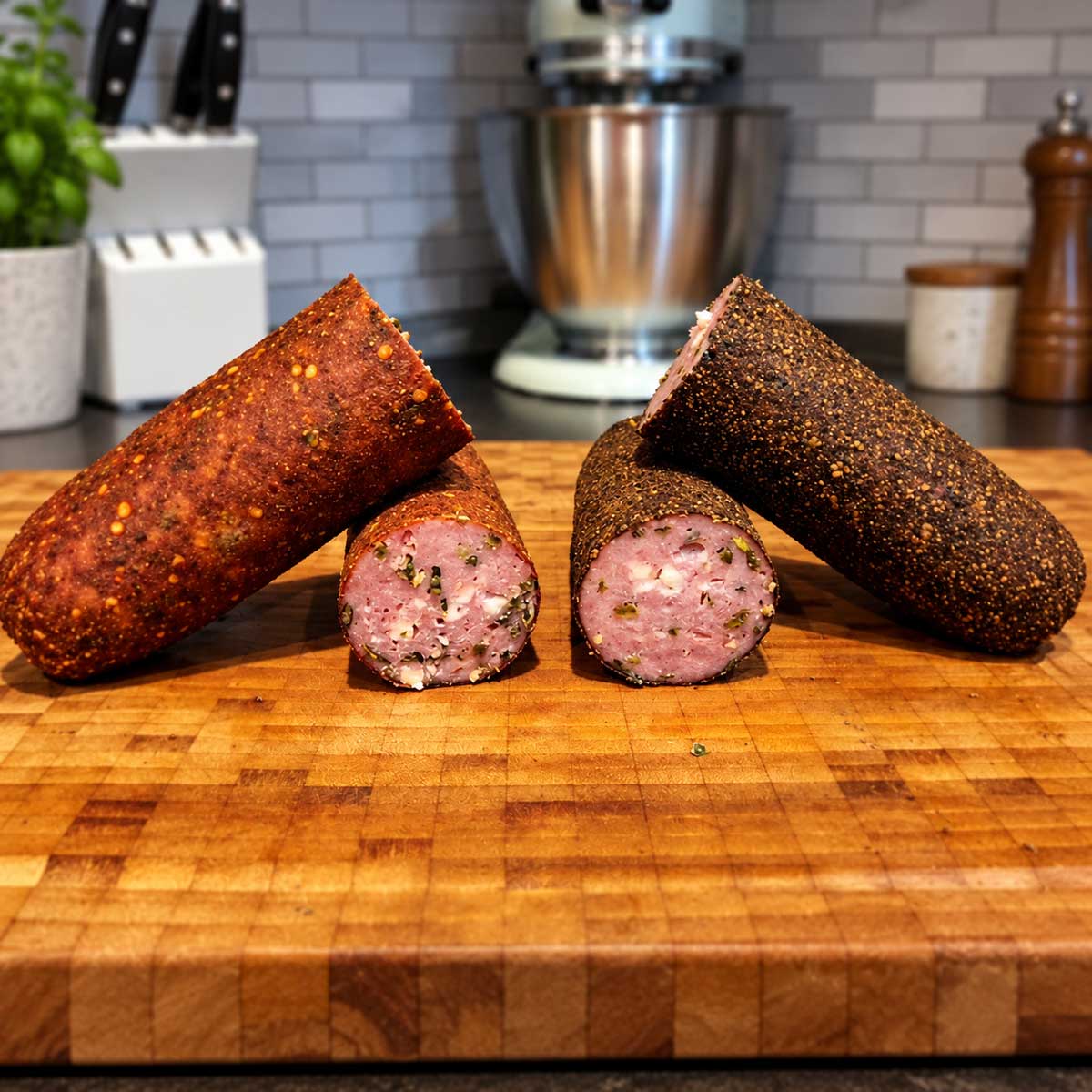 Fully cured spice lined sausages cut half on a wooden board.