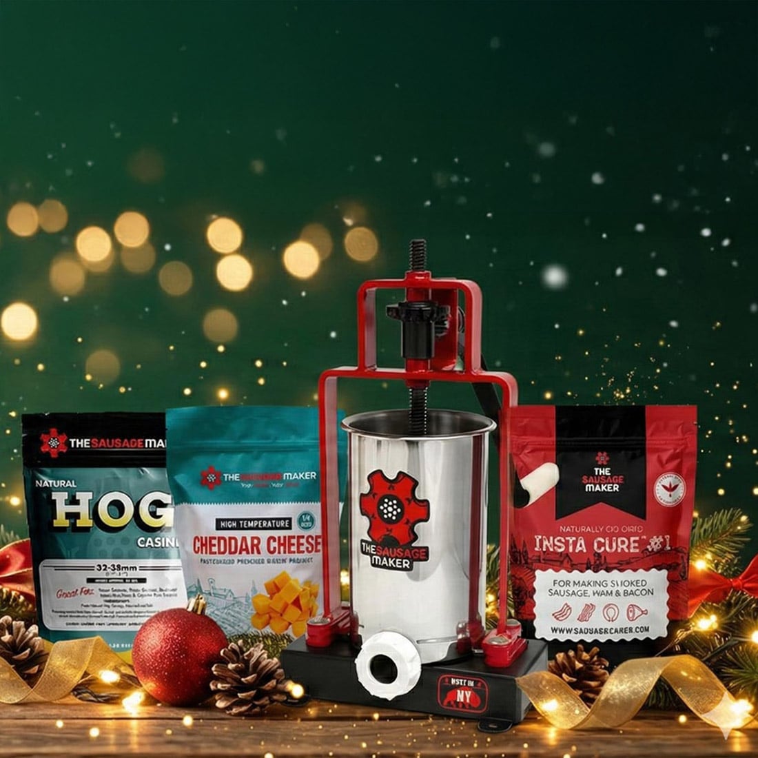 Sausage maker set with ingredients and packaging on a festive background