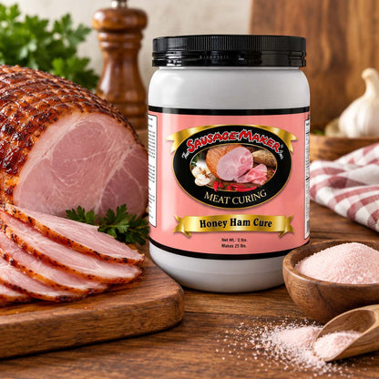 A jar of Sausage Maker Honey Ham Cure meat curing salt displayed on a rustic wooden table with a sliced ham, salt bowls, and kitchen props.