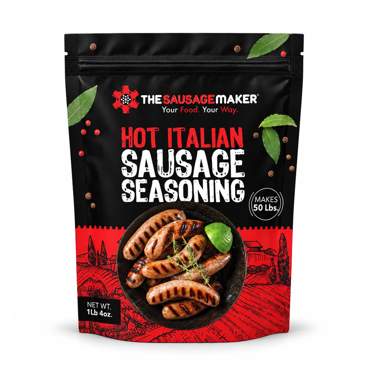 A 1 lb 4 oz stand-up pouch of The Sausage Maker Hot Italian Sausage Seasoning.