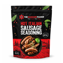 A 1 lb 4 oz stand-up pouch of The Sausage Maker Hot Italian Sausage Seasoning.