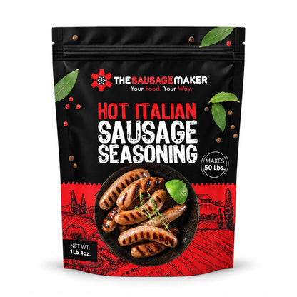 A 1 lb 4 oz stand-up pouch of The Sausage Maker Hot Italian Sausage Seasoning.
