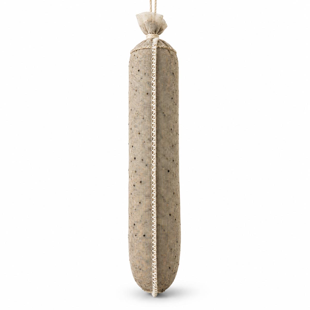 Showing a beige colored, stuffed red pepper spice lined sausage casing hanging on a white background.