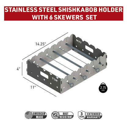 tsm-shashlik-holder-with-skewers;kabobholder-with-skewers-infographic;14x11x4-in-stainless-steel-shishkabob-holder-with-six-skewers;stainless-steel-skewer-infographic;6-piece-Skewer-Set