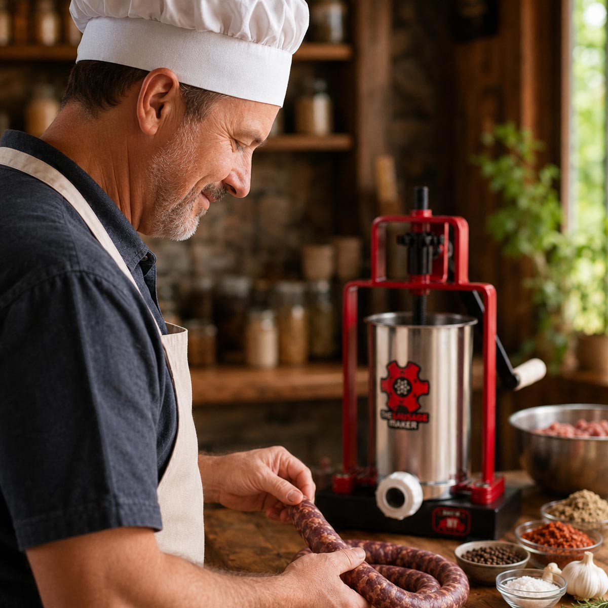 A man in a white chef's hat and apron actively handling a coiled sausage while standing next to a BUILT series sausage maker on a rustic wooden kitchen counter.