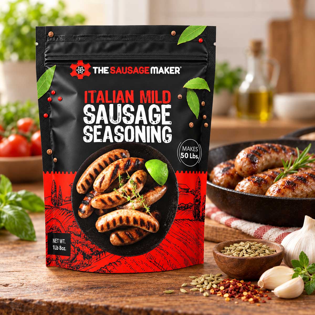 A stand-up pouch of The Sausage Maker Italian Mild Sausage Seasoning stands on a wooden table in a kitchen-style scene.