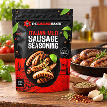 A stand-up pouch of The Sausage Maker Italian Mild Sausage Seasoning stands on a wooden table in a kitchen-style scene.