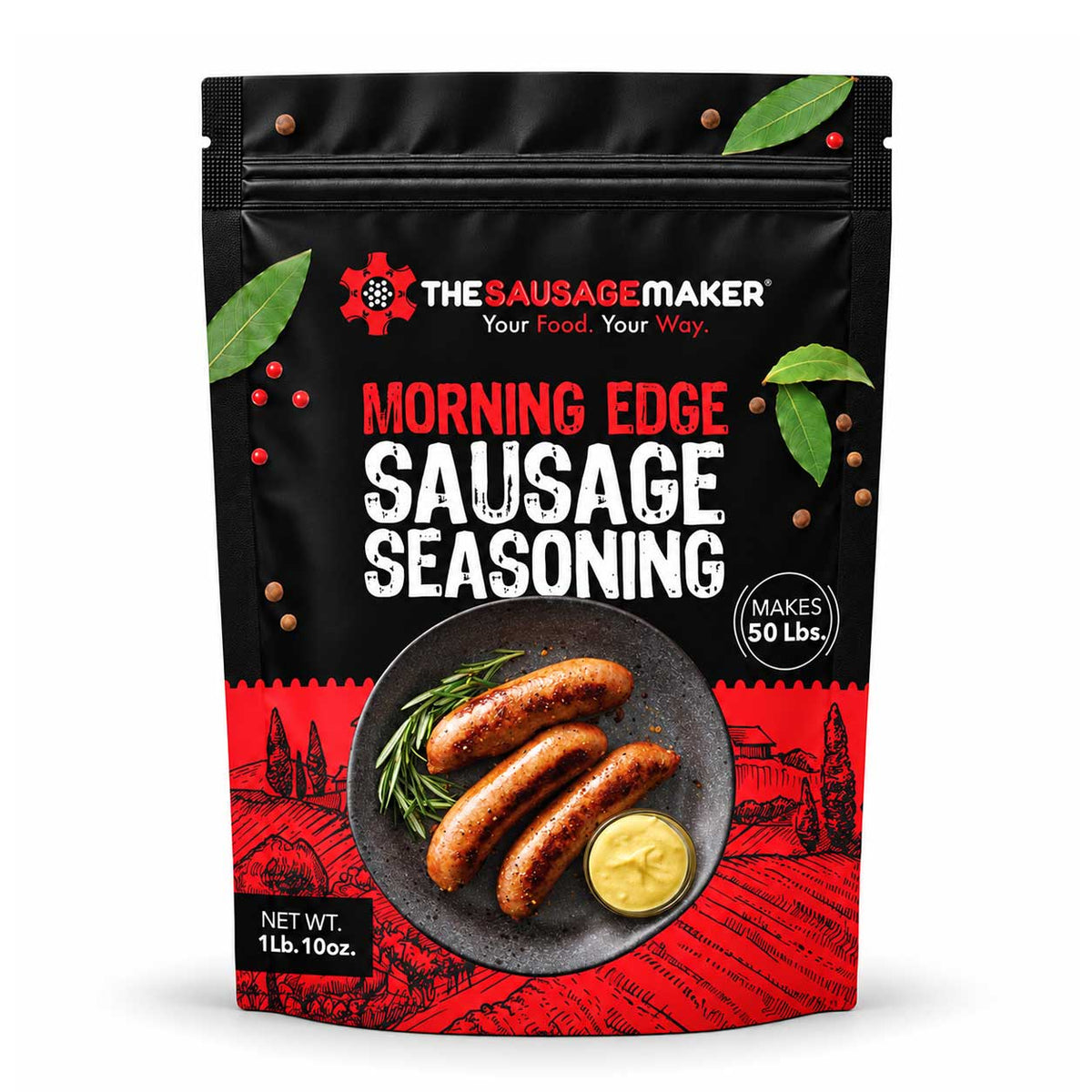 A 1 lb stand-up pouch of The Sausage Maker Morning Edge Sausage Seasoning on a white background.