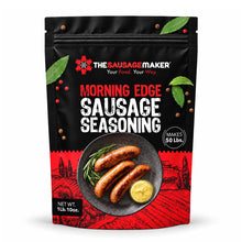 A 1 lb stand-up pouch of The Sausage Maker Morning Edge Sausage Seasoning on a white background.