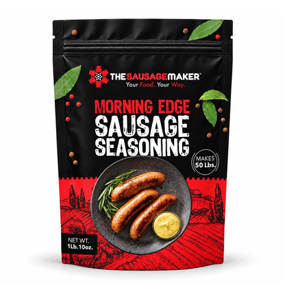 A 1 lb stand-up pouch of The Sausage Maker Morning Edge Sausage Seasoning on a white background.