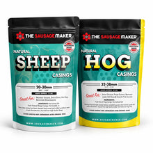 Natural hog and sheep casings home pack packages standing on a white surface.