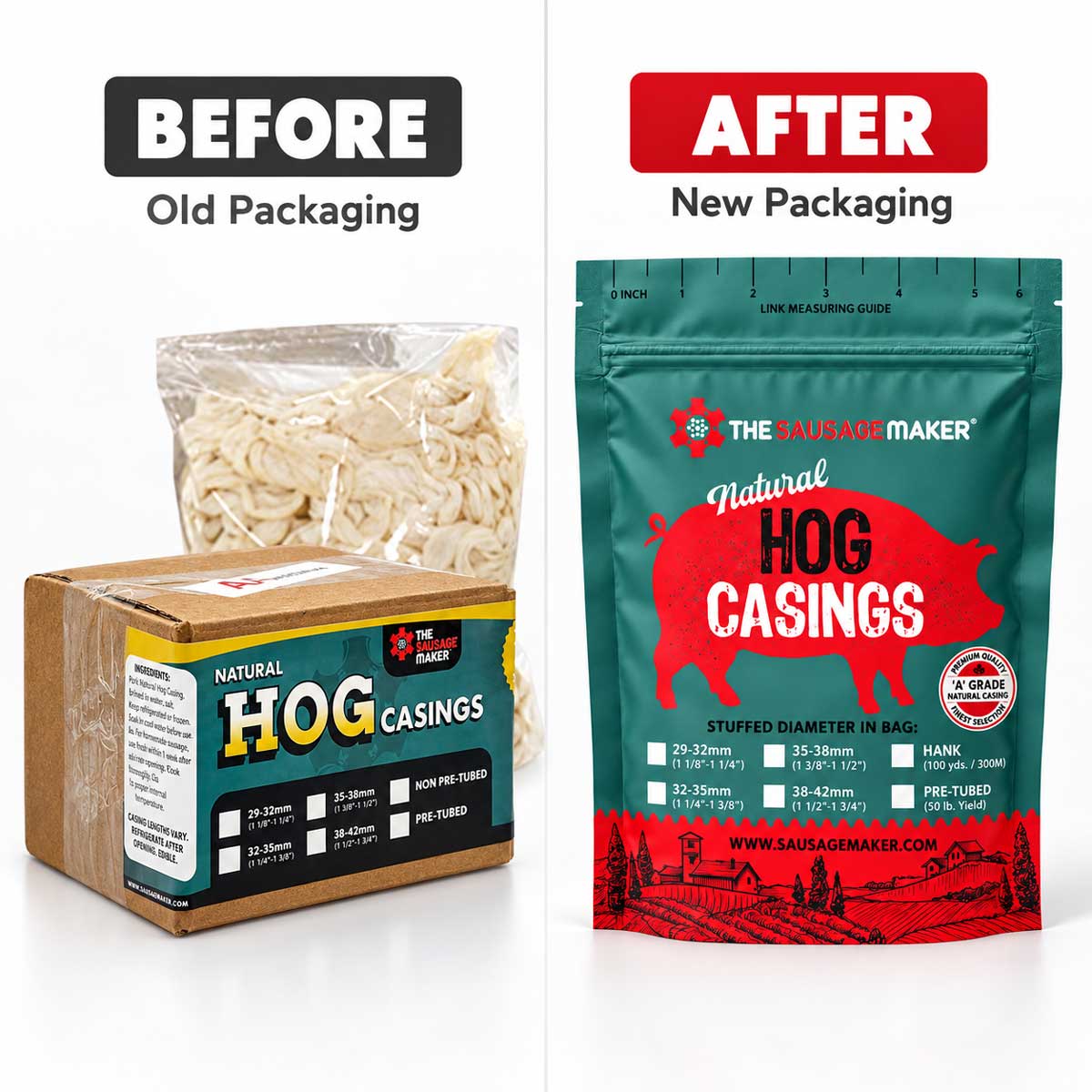 A comparison graphic showing old and new packaging for natural hog one hank sausage casings.