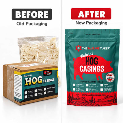 A comparison graphic showing old and new packaging for natural hog one hank sausage casings.