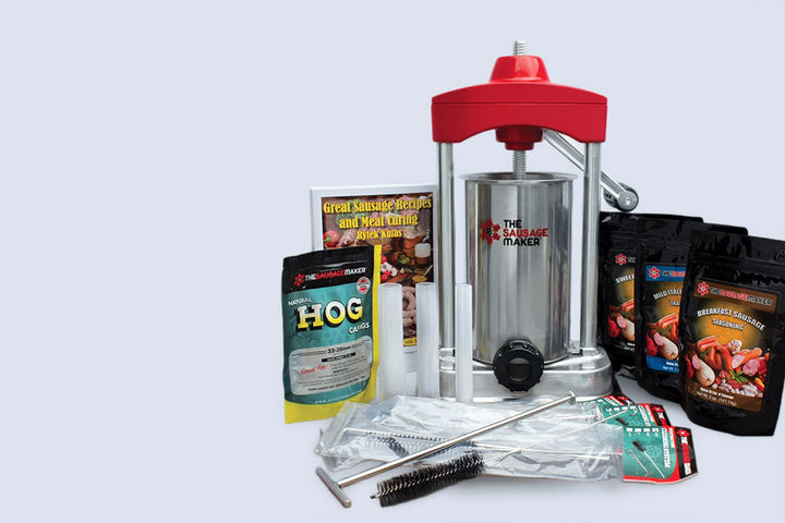 Sausage-making kit with a tsm sausage stuffer on a light gray background