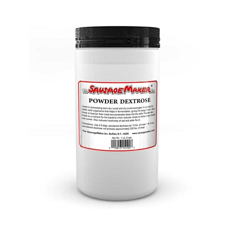 Powdered dextrose 1lb 8oz in a white plastic container.