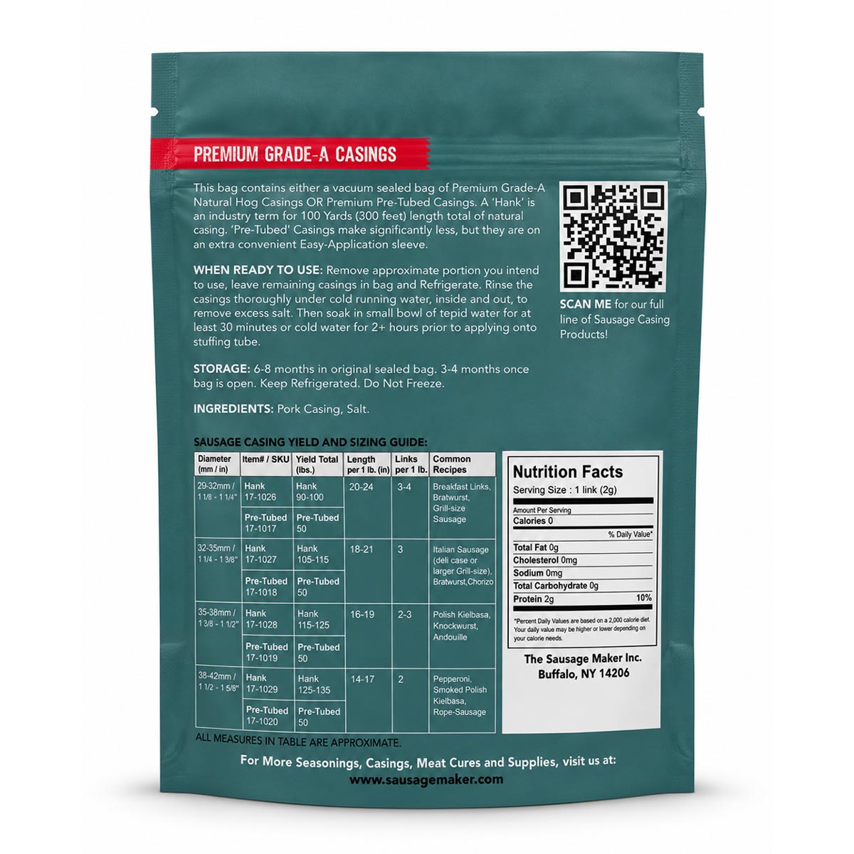 Back view of premium-grade natural hog casings, showing product details, usage instructions, a QR code, and a sausage casing yield and serving guide on a white background.