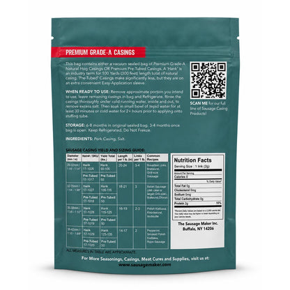 Back view of premium-grade natural hog casings, showing product details, usage instructions, a QR code, and a sausage casing yield and serving guide on a white background.