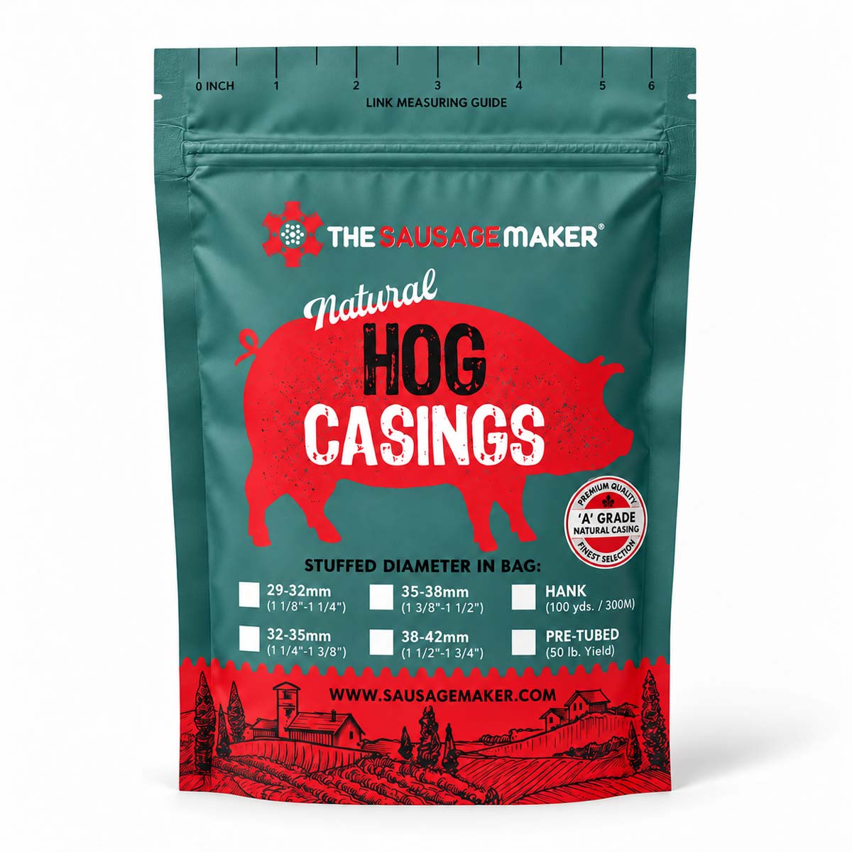 A stand-up pouch of The Sausage Maker Natural Hog Casings on a plain white background. The bag shows link measurement guides and product info printed on the front.