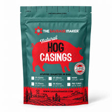 A stand-up pouch of The Sausage Maker Natural Hog Casings on a plain white background. The bag shows link measurement guides and product info printed on the front.