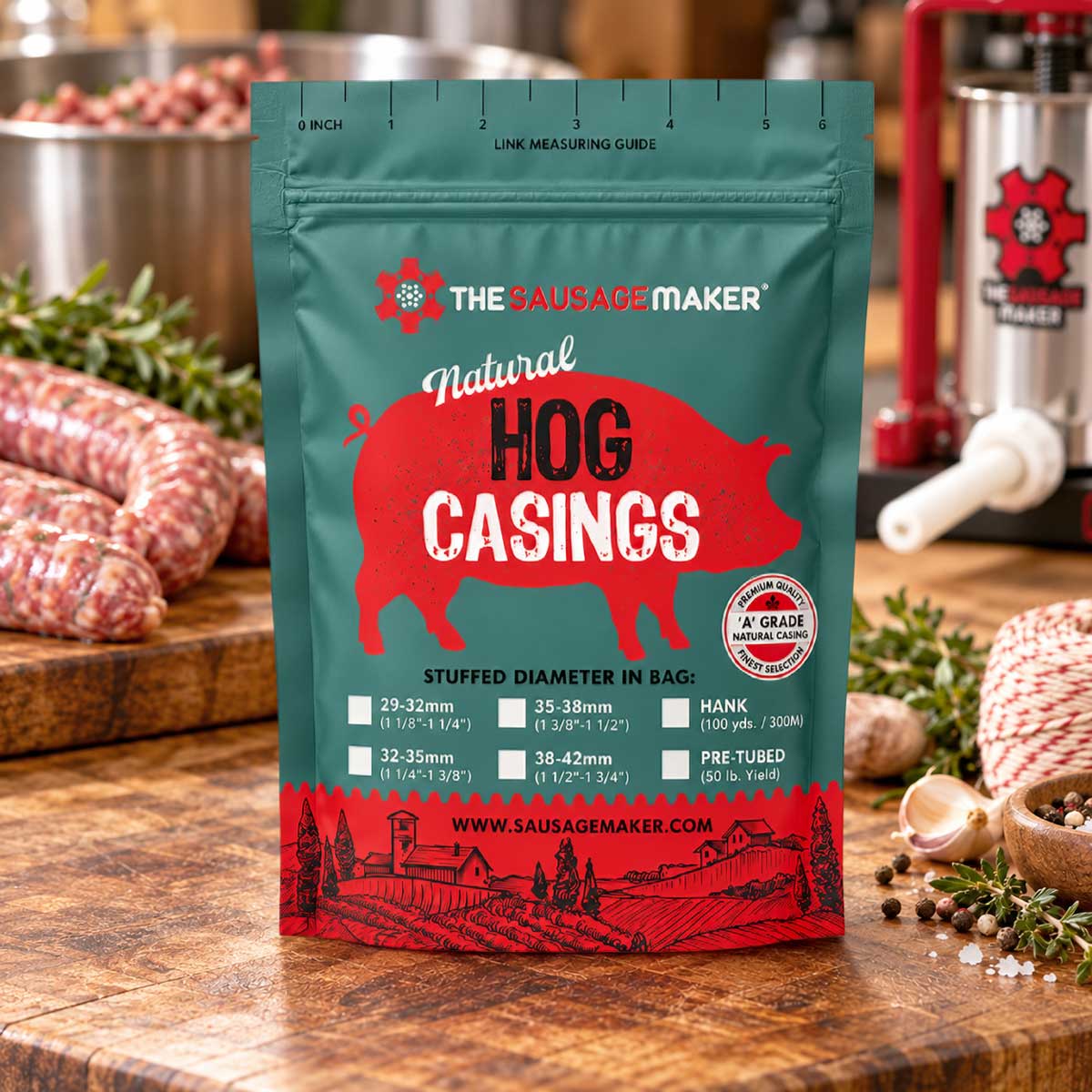 A bag of The Sausage Maker Natural Hog Casings One Hank displayed on a rustic wooden table with sausages, herbs, and kitchen tools in the background.