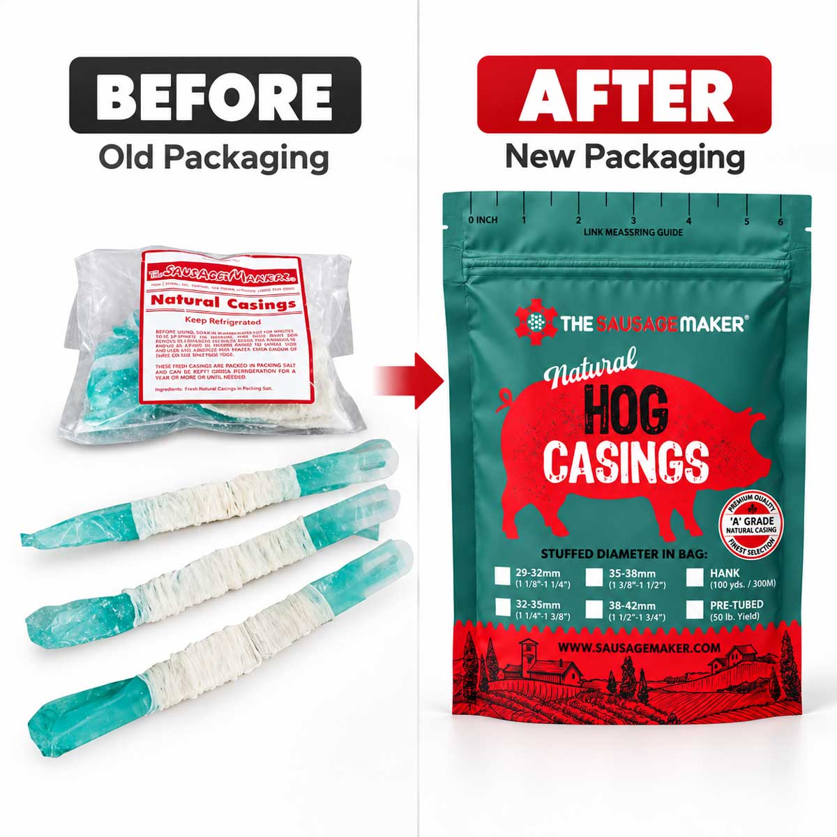 A comparison graphic showing old and new packaging for pretubed sausage casings.