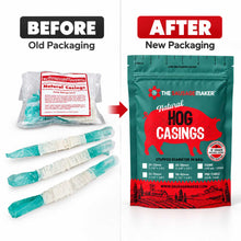 A comparison graphic showing old and new packaging for pretubed sausage casings.