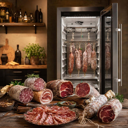 Rustic charcuterie kitchen with SteakAger placed on the back